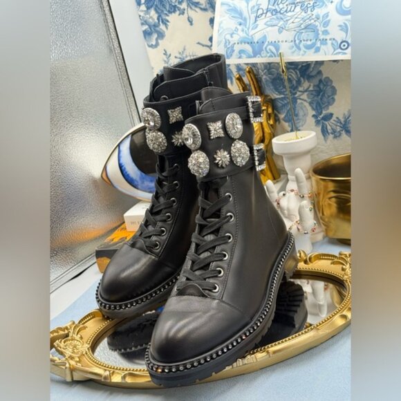 🆕 KURT GEIGER LONDON 🧿 NWOB Stoop Black Leather Combat Boot, Crystal Sz 37 US7 - Picture 6 of 15